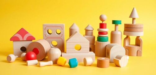 Obraz premium Wooden educational toys on yellow background Montessori-inspired, sustainable, sensory, musical, stacking & sorting, Montessori, natural