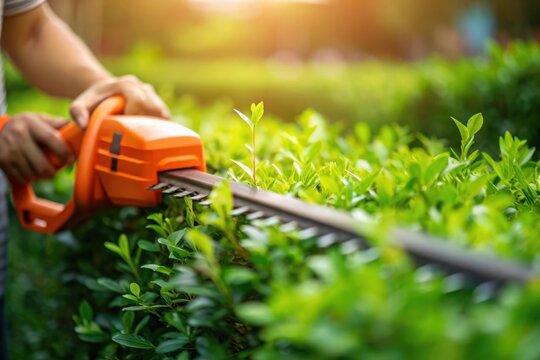 Gardener uses electric hedge trimmer to shape vibrant green bushes in sunny garden - Powered by Adobe
