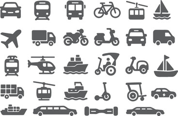 Diverse vehicles transportation modes icons train bicycle