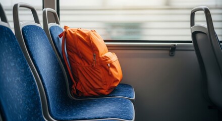 Orange backpack on empty blue bus seats with sunlight through window