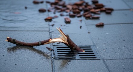Broken branch in wet pavement near drain after rainstorm
