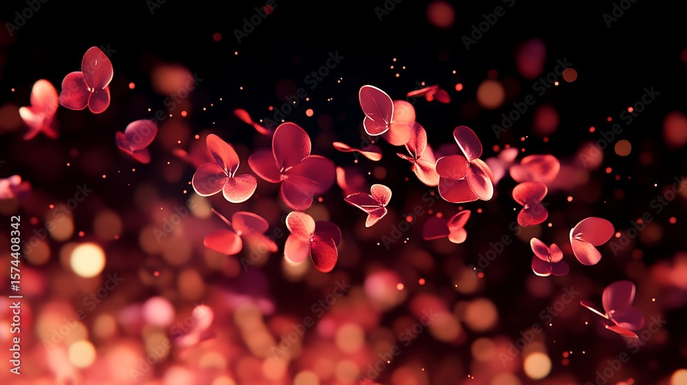 Poster delicate floating particles in a subtle gradient of deep red and orange, gently blending into the ba