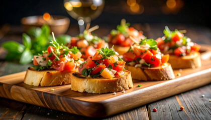 Bruschetta appetizer with rustic table.