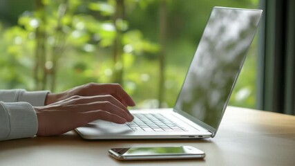 Hands Typing on Laptop with Smartphone on Desk in Sunlit Room with Green Foliage View - Powered by Adobe