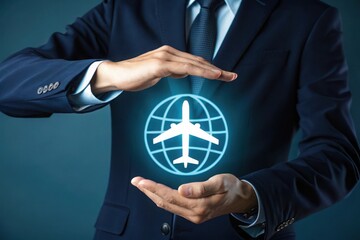 Businessman s hands protect a glowing globe with an airplane symbolizing global travel and aviation