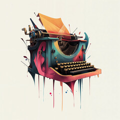 a stylized, colorful illustration of a vintage typewriter. It features vibrant, abstract colors and a dynamic, modern aesthetic, with paint drips and splatters adding a dynamic and creative touch.