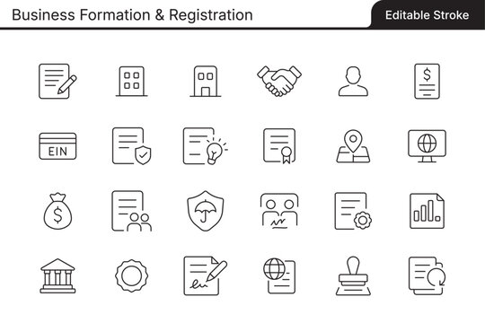 A set of editable line icons related to Business Formation & Registration. This vector file contains fully editable stroke lines for easy customization