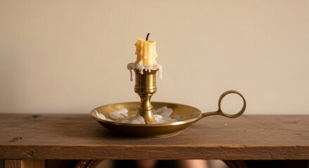 Melted candle on brass holder with dripping wax on wooden shelf