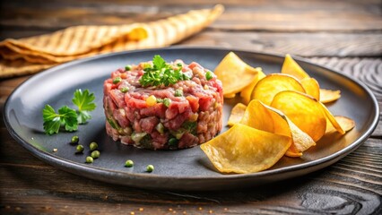 beef tartare served on a plate with crispy potato chips scattered around it