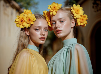 Two women are posing together, both wearing sleeveless dresses and their hair adorned with yellow flowers. The background features an architectural structure with a stone wall.