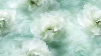 Soft white flowers with dreamy, ethereal appearance float against gentle green background, creating serene and calming atmosphere