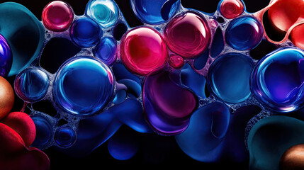 a vibrant and colorful abstract pattern with a variety of bubbles in shades of blue, red, pink, and purple, set against a dark background. The bubbles appear to be interconnected.