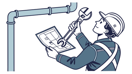Naklejka premium Skilled Worker Inspecting Pipes with Blueprint and Wrench