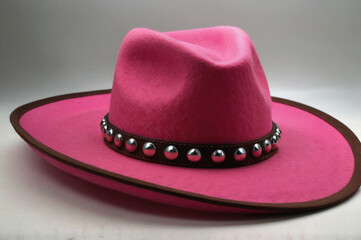 Pink cowboy hat with studded band brown trim fashion accessory