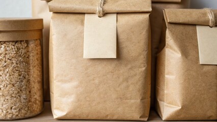 Brown paper packages of grains and seeds arranged neatly, showcasing eco-friendly packaging and minimalist design.