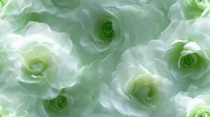 Soft green roses create serene and calming floral background, with delicate petals and gentle gradient of color. image evokes sense of tranquility and natural beauty