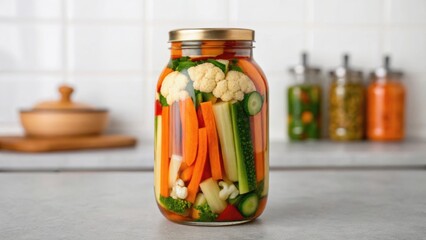 A jar filled with colorful, fresh vegetables, including carrots, cauliflower, and cucumbers, sits on a kitchen counter against a light backdrop.