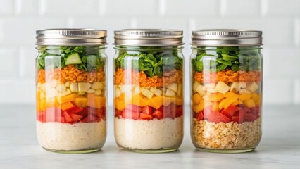 Colorful layered salads in jars showcasing a variety of fresh vegetables and grains, perfect for healthy meal prep.