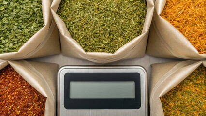Assorted spices in bags surround a digital scale, showcasing a variety of colors and textures for culinary use.