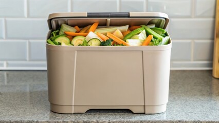 A modern kitchen container filled with fresh vegetables, showcasing a clean and organized cooking environment.