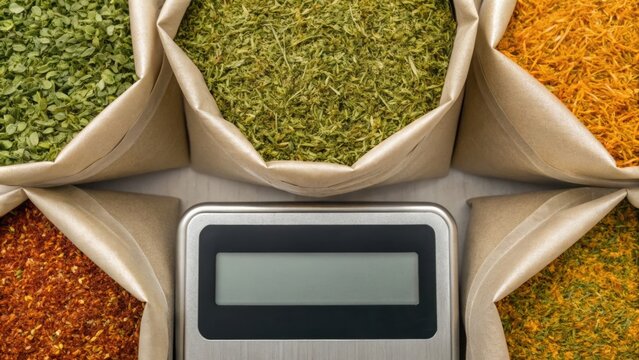 Assorted spices in bags surround a digital scale, showcasing a variety of colors and textures for culinary use.
