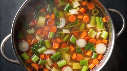 A pot filled with simmering vegetable broth, showcasing vibrant carrots, celery, and herbs, creating a colorful, healthy dish.