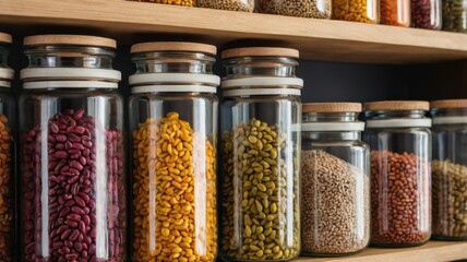 Clear jars filled with various colorful grains and seeds arranged neatly on wooden shelves.