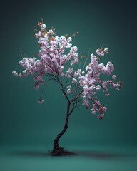 Serene Blossom A Sole Tree in Full Bloom Against a Muted Green Background Showcasing Nature's Delicate Beauty