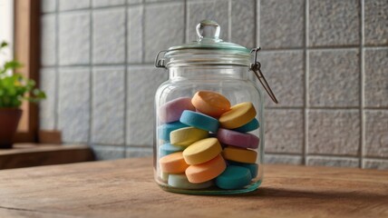 A glass jar filled with colorful bath bombs sits on a wooden surface against a textured wall background.
