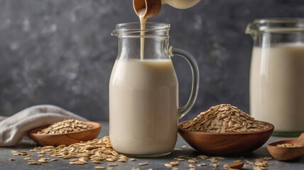 Creamy oat milk is being poured into a glass jar, accompanied by oats in wooden bowls, against a textured dark background.