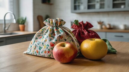 Eco-friendly fabric bags hold fruits on a kitchen table, showcasing a sustainable lifestyle and healthy eating choices in a cozy environment.