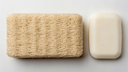 A bar of soap next to a loofah sponge on a neutral background, representing hygiene and personal care.