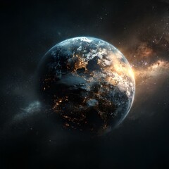 Obraz premium The Blue Planet, Earth, shines beautifully against the dark backdrop of space, showcasing its vibrant blue oceans and green continents, symbolizing life and harmony in the universe.