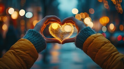 Obraz premium Warm heart held in hands, city lights