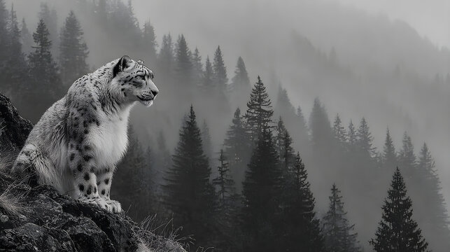 Snow leopard perched on rocky mountain peak in a foggy alpine scene