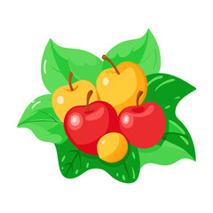 Red paradise apples and yellow cherry plums lying on green leaf
