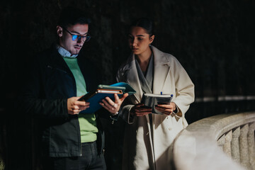 Two people at a museum engaged in a thoughtful discussion, reviewing materials and notes, creating...