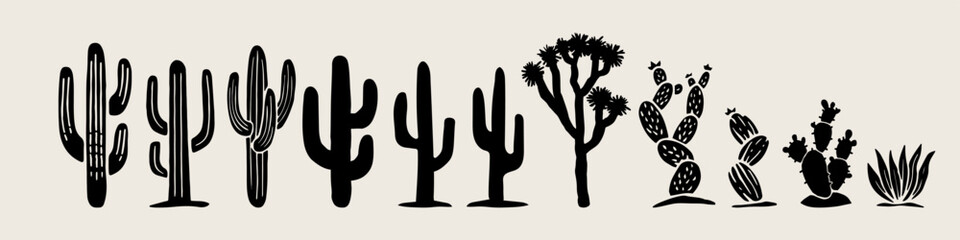 Vector set of hand-drawn cactus and desert plants in bold and outline styles. Includes saguaro, prickly pear, agave, and Joshua trees. Ideal for t-shirts, stickers, and boho designs.