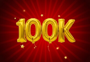 Gold 100k balloons with stars on red background
