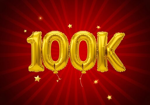 Gold 100k balloons with stars on red background