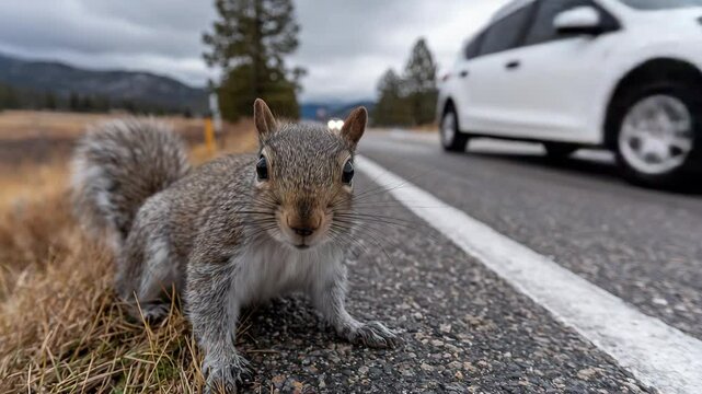 Squirrel approaches roadside in wild landscape near mountains
