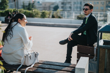 Two young people have a thoughtful discussion while sitting on benches in a park. The environment...