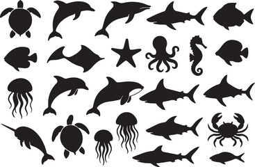 Fototapeta premium Marine life silhouettes turtle dolphin