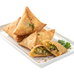 Crispy Vegetable Samosas on a Rectangular Plate isolated on transparent baackground