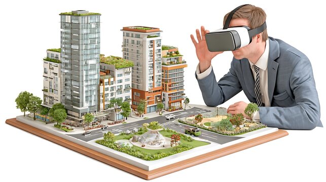 Businessman Using VR Headset to View Architectural City Model