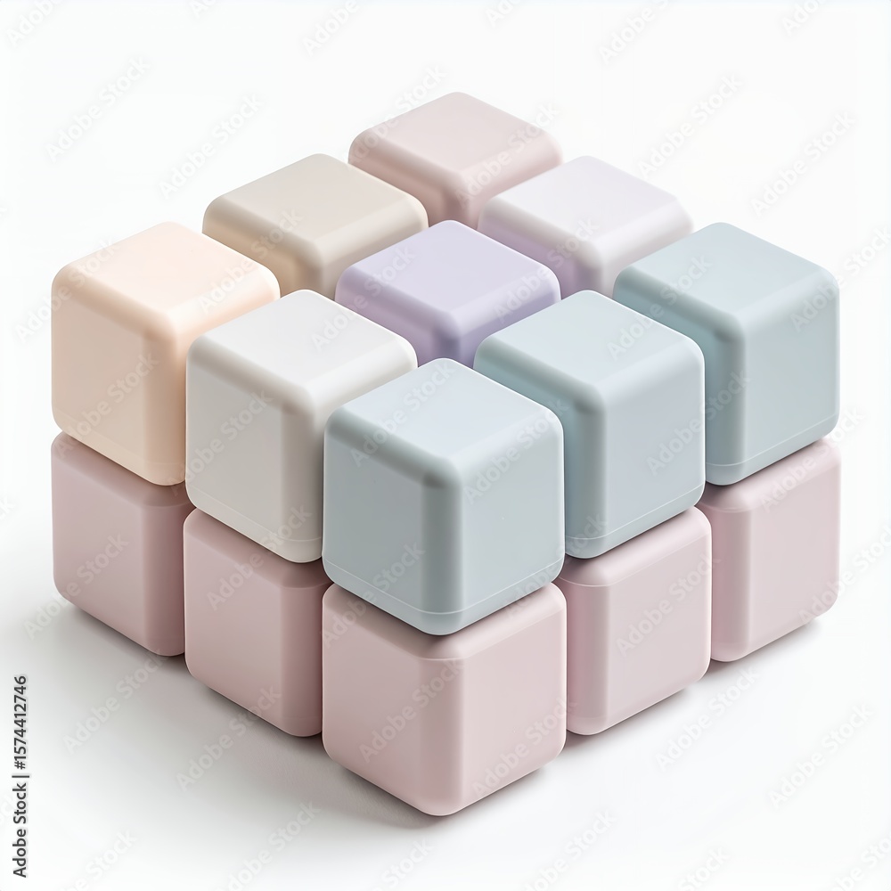 Fototapete arrangement of pastel colored cubes creating an abstract geometric design on white background