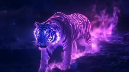 Glowing Neon Tiger Walking Through Purple Flames - Powered by Adobe