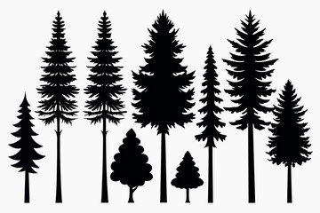 Fototapeta premium Evergreen Pine Tree Vector Silhouettes – Isolated Set with White Background