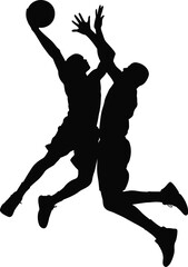 Basketball players jumping for ball action