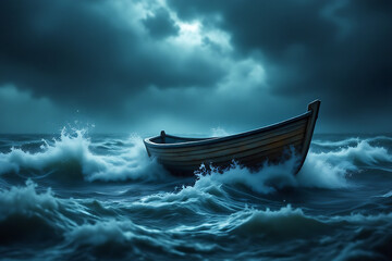 Obraz premium Dramatic scene showcasing nature's fury with an old wooden boat floating amidst fierce crashing ocean waves against dark stormy sky